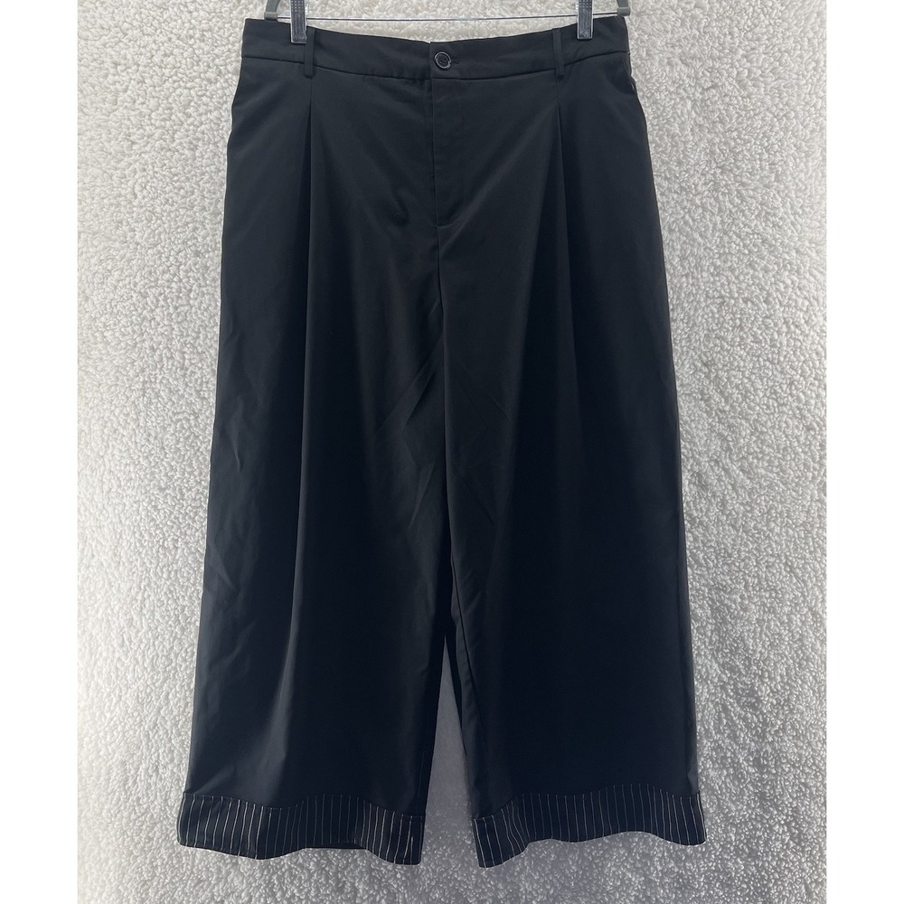 Women's Wide-Leg Crop Pants Size 2XL Black Stretch Waist Pinstripe Hem Office